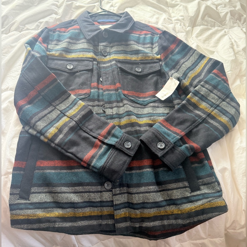 Goodfellow & Co Black Striped Button-Up Shirt Jacket with Teal and Red Accents